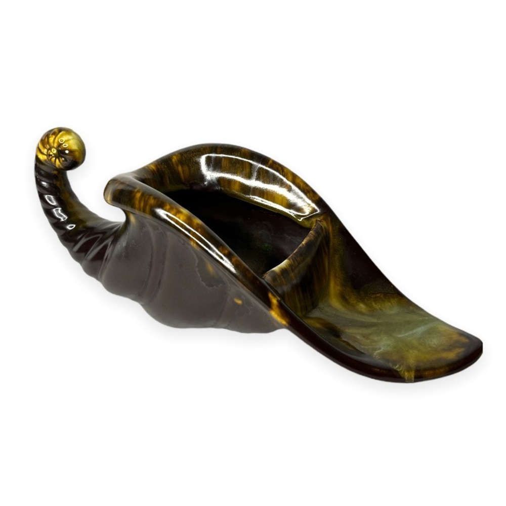 Vintage‎ Brown Ceramic Cornucopia Horn of Plenty Drip Glaze Planter Thanksgiving